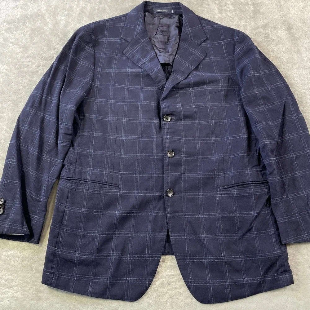 Suitsupply Blazer Sport Coat Mens 46R Navy Blue Windowpane Wool Stretch Office